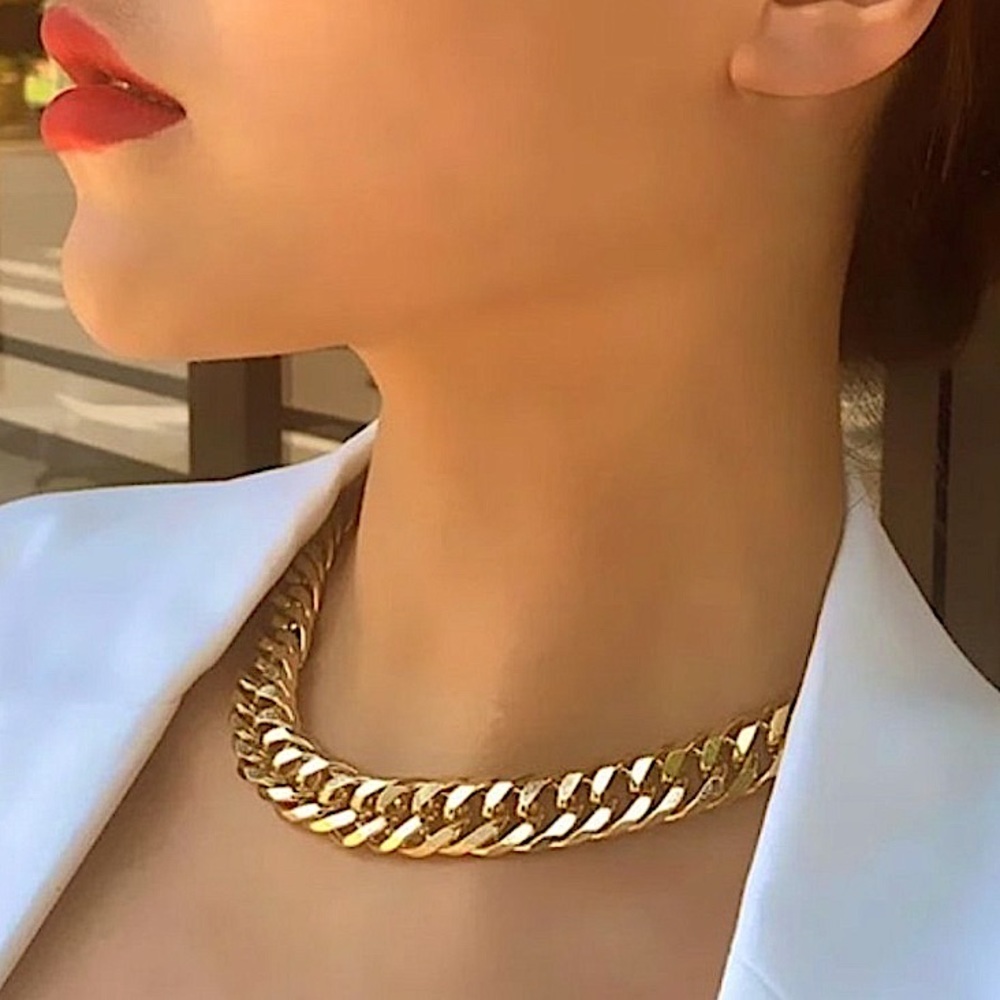 Gold Chain Link Exaggerated Cuban Choker Matching Bracelet Set - Picture 7 of 15